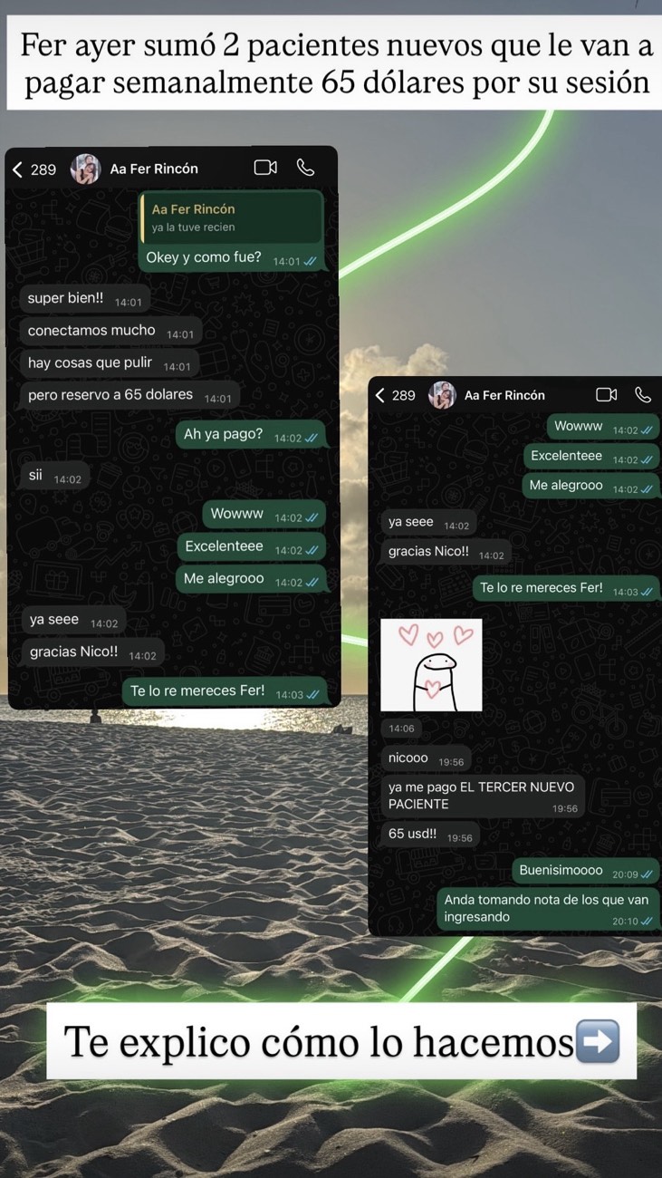 Captura de WhatsApp: 3 pacientes nuevos a USD 65 por sesión semanal