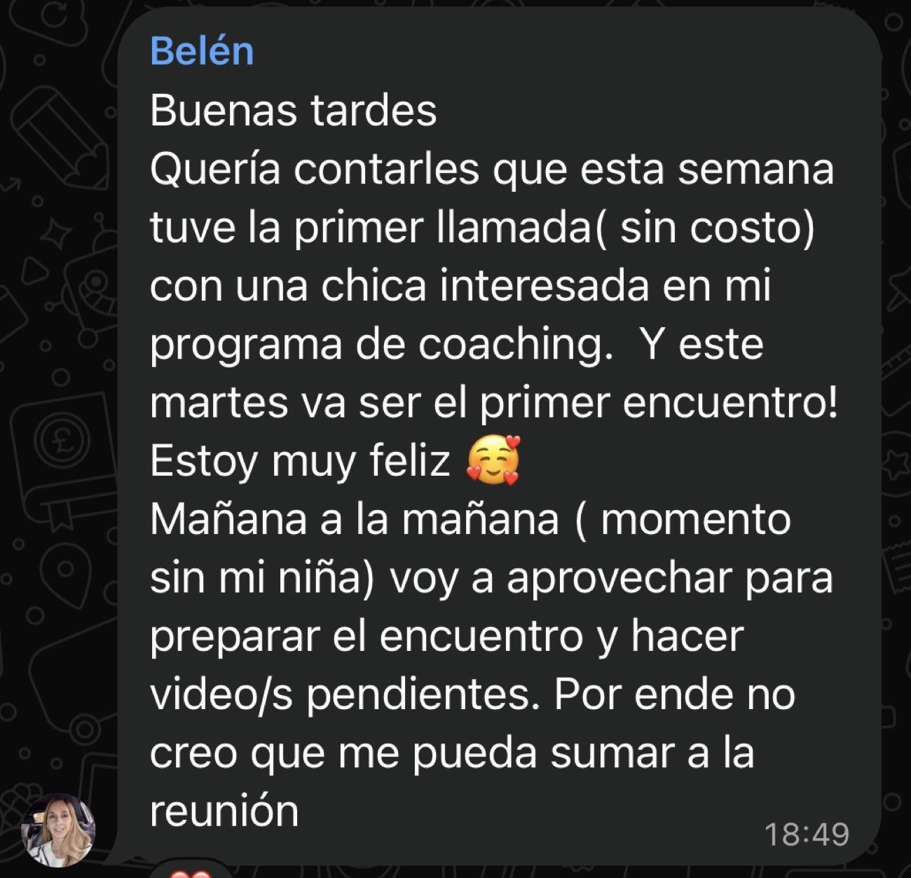 Captura de WhatsApp: Su primera llamada y una nueva clienta para su programa de coaching